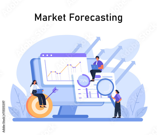 Market Forecasting in focus. Professionals study market trends on a giant screen, analyzing future projections with dynamic arrows. Strategy and prediction elements evident. Flat vector .