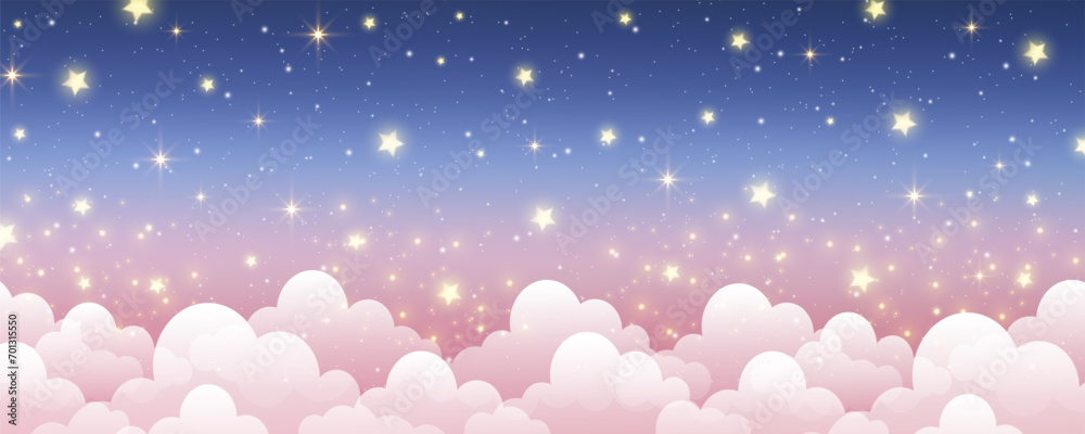 Naklejka premium Sky with stars and clouds. Magical landscape, abstract light pink and dark blue pastel fabulous galaxy. Cute glitter fantasy wallpaper. Vector.