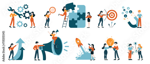 Teamwork and Goal Setting set. Professionals engaging in problem-solving and target achievement. Cooperative tasks, innovation launch, and idea sharing. Flat vector illustration