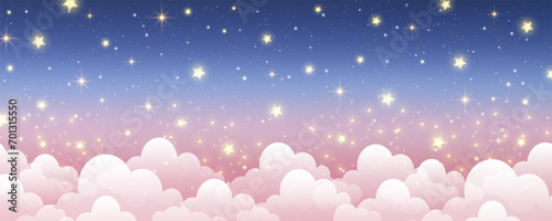 Sky with stars and clouds. Magical landscape, abstract light pink and dark blue pastel fabulous galaxy. Cute glitter fantasy wallpaper. Vector. photo