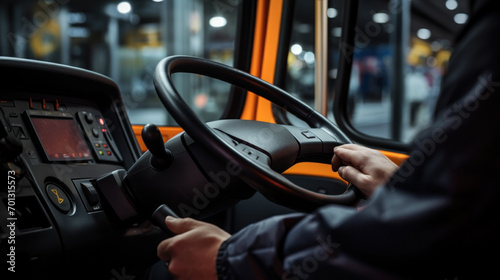 Interior of cab airport transfer bus with driver in motion on fast speed by highway