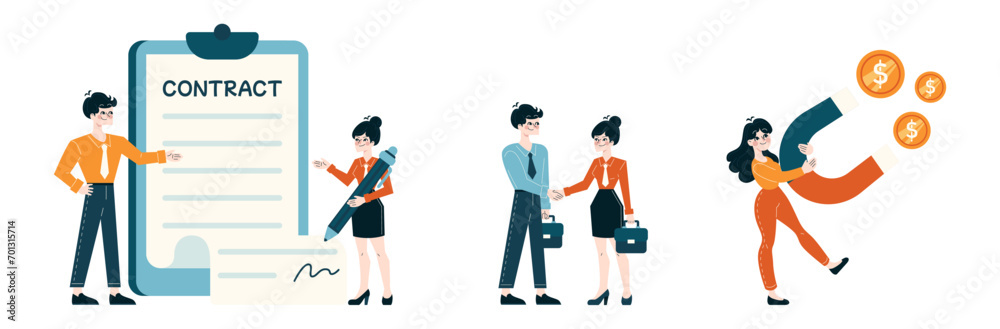 Financial Success set. Business professionals engage in contract negotiations, handshake agreements, and magnetizing profits. Strategic partnership and growth. Flat vector illustration Financial Success set. Business professionals engage in contract negotiations, handshake agreements, and magnetizing profits. Strategic partnership and growth. Flat vector illustration