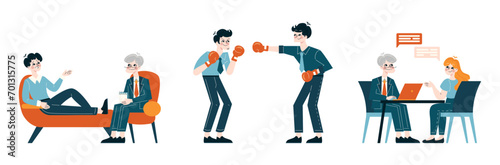Corporate Communication set. People talk to a psychologist, box with gloves and go through an interview process. Workplace interaction and teamwork. Flat vector illustration