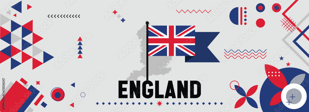 Obraz premium England national or independence day banner for country celebration. Flag and map of Britain with raised fists. Modern retro design with typorgaphy abstract geometric icons. Vector illustration.