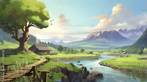 illustration of a peaceful mountain valley view in the countryside. Animated video of a view with a flowing river. Animation video