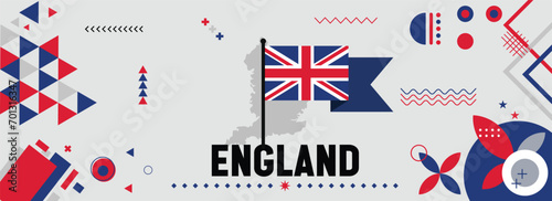 England national or independence day banner for country celebration. Flag and map of Britain with raised fists. Modern retro design with typorgaphy abstract geometric icons. Vector illustration. photo
