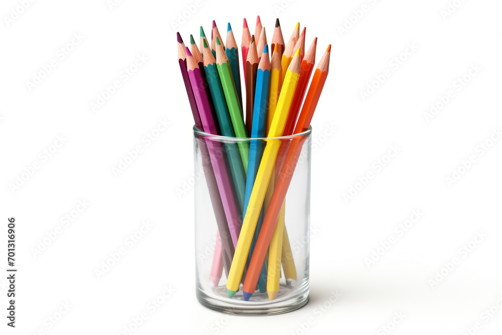 Colored pencils stand in a glass with the point upwards on a white background Colored pencils stand in a glass with the point upwards on a white background