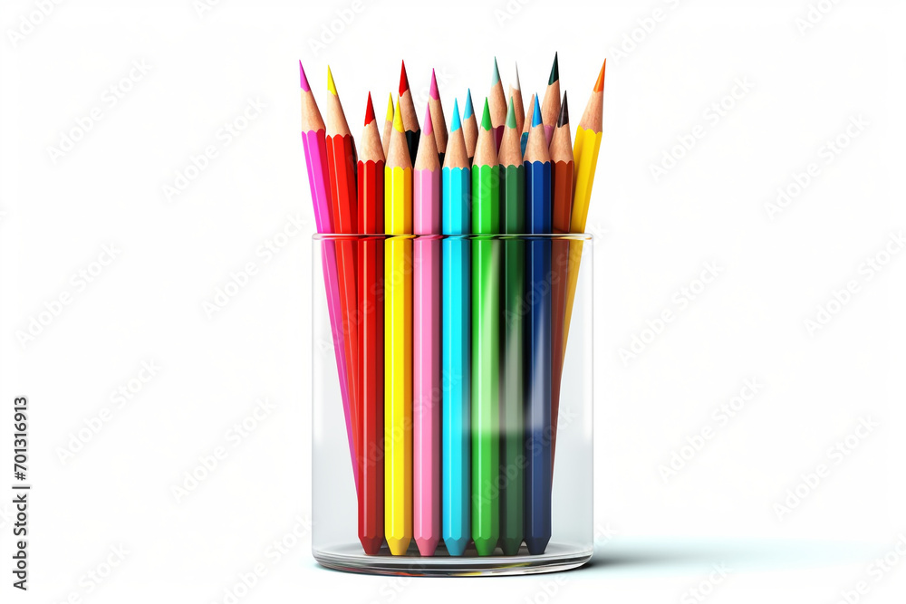 Colored pencils stand in a glass with the point upwards on a white background Colored pencils stand in a glass with the point upwards on a white background