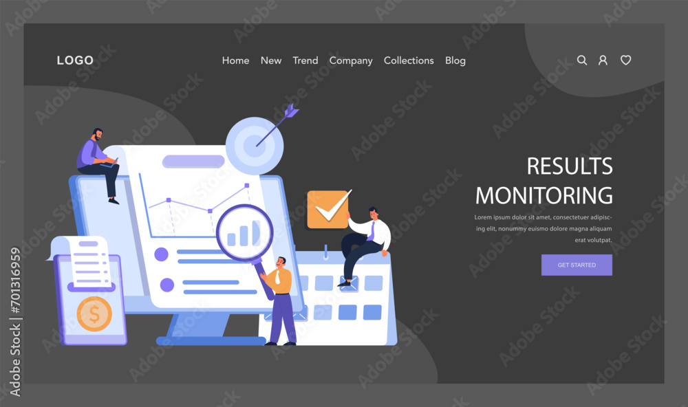 Team overseeing performance metrics on large dashboard, magnifying data details and ensuring accurate financial reporting. Results analysis in action. Flat vector.