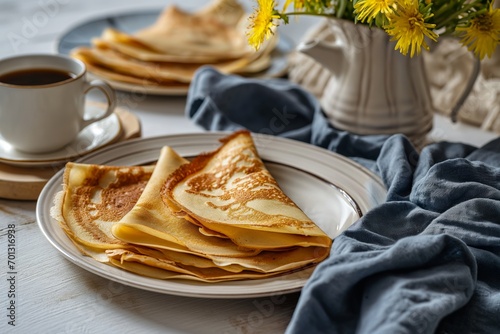 Crepes thin pancakes, traditional russian dessert . Tasty breakfast on themodern kitchen photo