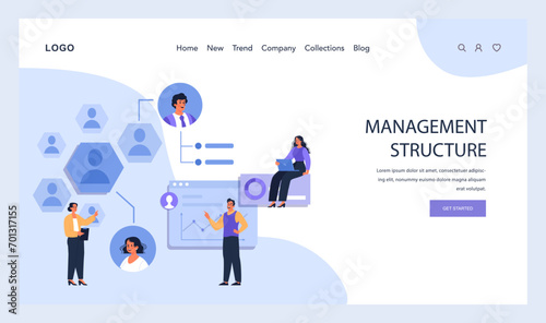 Management Structure concept. Team collaborating on a digital chart, showcasing hierarchical positions in a modern corporate setup. Efficient organizational design. Flat vector illustration. photo