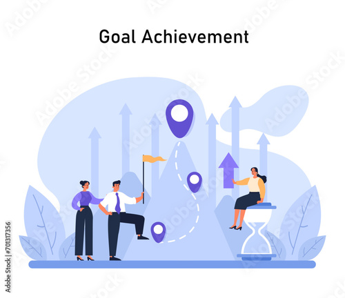 Goal Achievement concept. Dedicated team stands triumphantly amidst rising arrows, marking progress and mastery during the onboarding journey. Flat vector illustration.