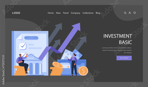 Foundations of Investing web or landing. Financial growth, understanding bank interactions, and smart asset management. Key strategies for successful investments. Flat vector.