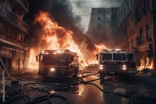 Urban inferno being battled by emergency responders. Generative AI © Maria