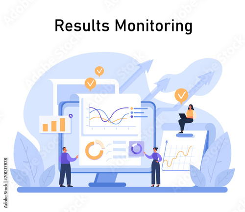 Results Monitoring concept. Professionals scrutinize data analytics for insights and performance metrics, essential in marketing strategy development. Data-driven decision-making. vector illustration