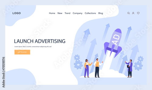 Launch Advertising concept. Marketers celebrate the kickoff of a dynamic ad campaign, aiming for market penetration and brand awareness. Strategic promotion. Flat vector illustration