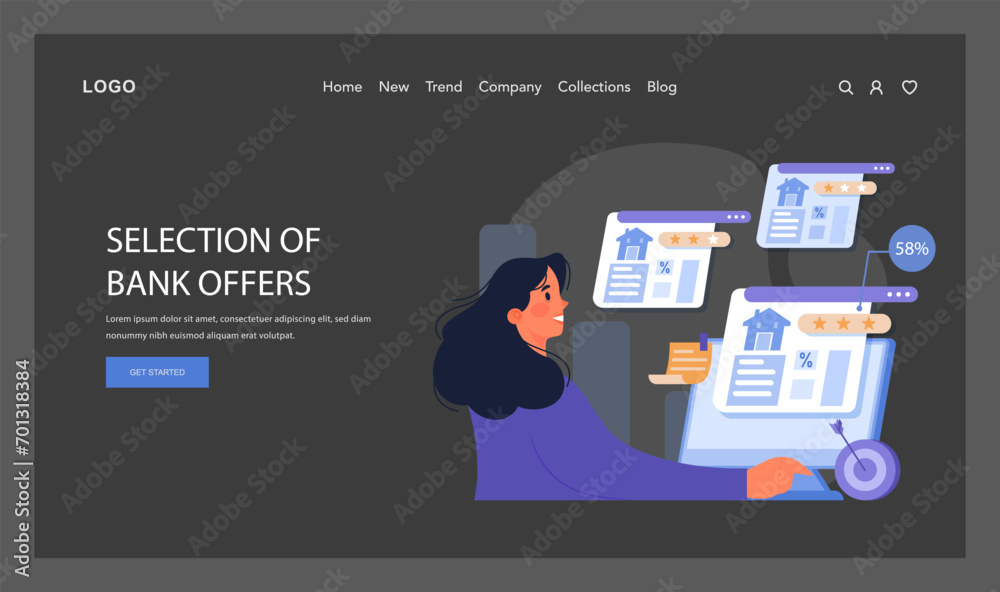 Selection of Bank Offers concept. Woman analyzes various banking propositions on floating screens, making informed financial choices. Digital decision-making. Flat vector illustration. Selection of Bank Offers concept. Woman analyzes various banking propositions on floating screens, making informed financial choices. Digital decision-making. Flat vector illustration.