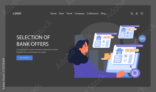 Selection of Bank Offers concept. Woman analyzes various banking propositions on floating screens, making informed financial choices. Digital decision-making. Flat vector illustration.