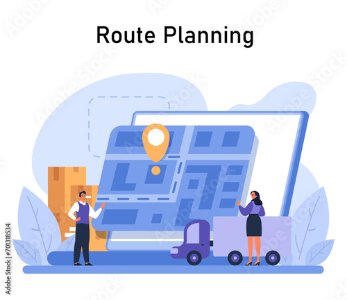 Route Planning concept. Logistics professionals strategize delivery paths with a digital map, reflecting the precision of modern supply chain management. Flat vector illustration