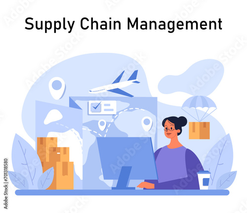 Supply Chain Management concept. An expert orchestrates global logistics with the aid of technology, ensuring efficient transportation and delivery. Flat vector illustration