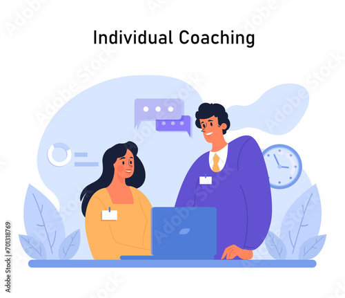 Professional coach guiding a dedicated learner. One-on-one mentoring session ensuring personalized skill development and knowledge transfer. Elevating professional growth through guidance. Flat vector