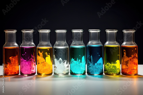 Analytical chemistry brought to life with colored liquids in quartz or polymer cuvettes, set against a neutral backdrop to highlight the beauty of scientific analysis photo