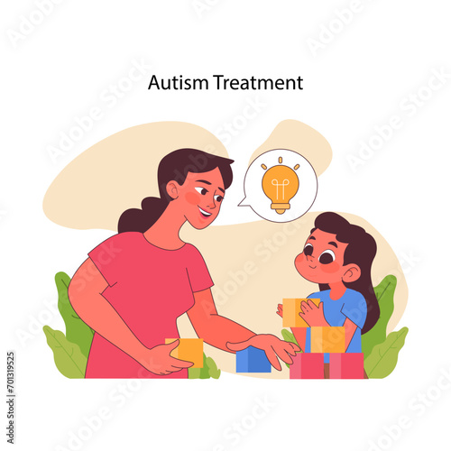 Autism Treatment theme portrayed with a nurturing moment of play therapy, enlightening a child's learning journey. Flat vector illustration