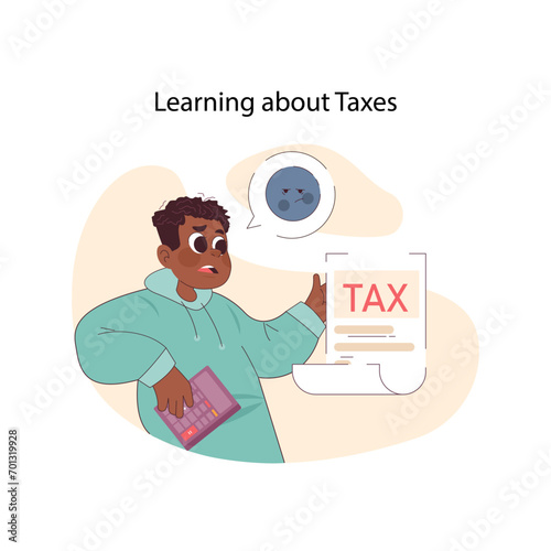 Tax Education concept. A perplexed young boy confronts the complexities of taxes, symbolized by a frowning emoticon, learning a crucial life skill. Flat vector illustration