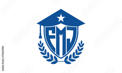 FMJ three letter iconic academic logo design vector template. monogram, abstract, school, college, university, graduation cap symbol logo, shield, model, institute, educational, coaching canter, tech photo