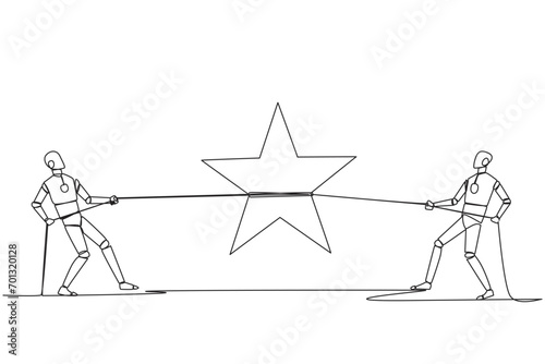 Single continuous line drawing two smart robots fighting for a star. The fierce battle of technology. Trying to achieve very satisfactory rating. Chasing the dream. One line design vector illustration