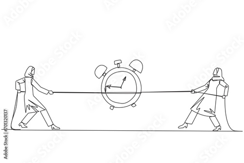 Single one line drawing two Arabian businesswomen fighting over an alarm clock. The battle to get work done before the deadline. Eliminates rioters. Fight. Continuous line design graphic illustration