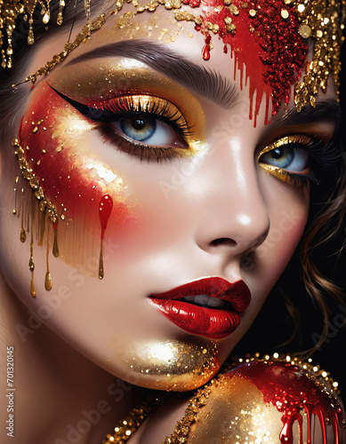 Illustration Woman red gold generative AI photo