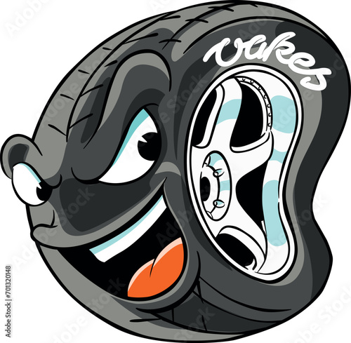 happy grey and black tyre with word oakes on it, car tyre illustration photo
