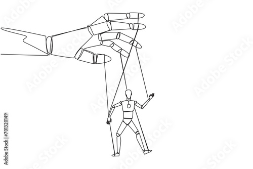 Single one line drawing the robot walks by being moved by ropes controlled by a giant hand above. Doesn't have firm attitude. Technology error. AI concept. Continuous line design graphic illustration