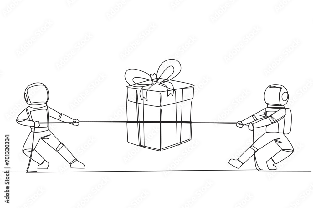 Single continuous line drawing two astronauts fighting over a gift box. A fierce battle to bring souvenirs from the lunar expedition to earth. Cosmonaut deep space. One line design vector illustration Single continuous line drawing two astronauts fighting over a gift box. A fierce battle to bring souvenirs from the lunar expedition to earth. Cosmonaut deep space. One line design vector illustration
