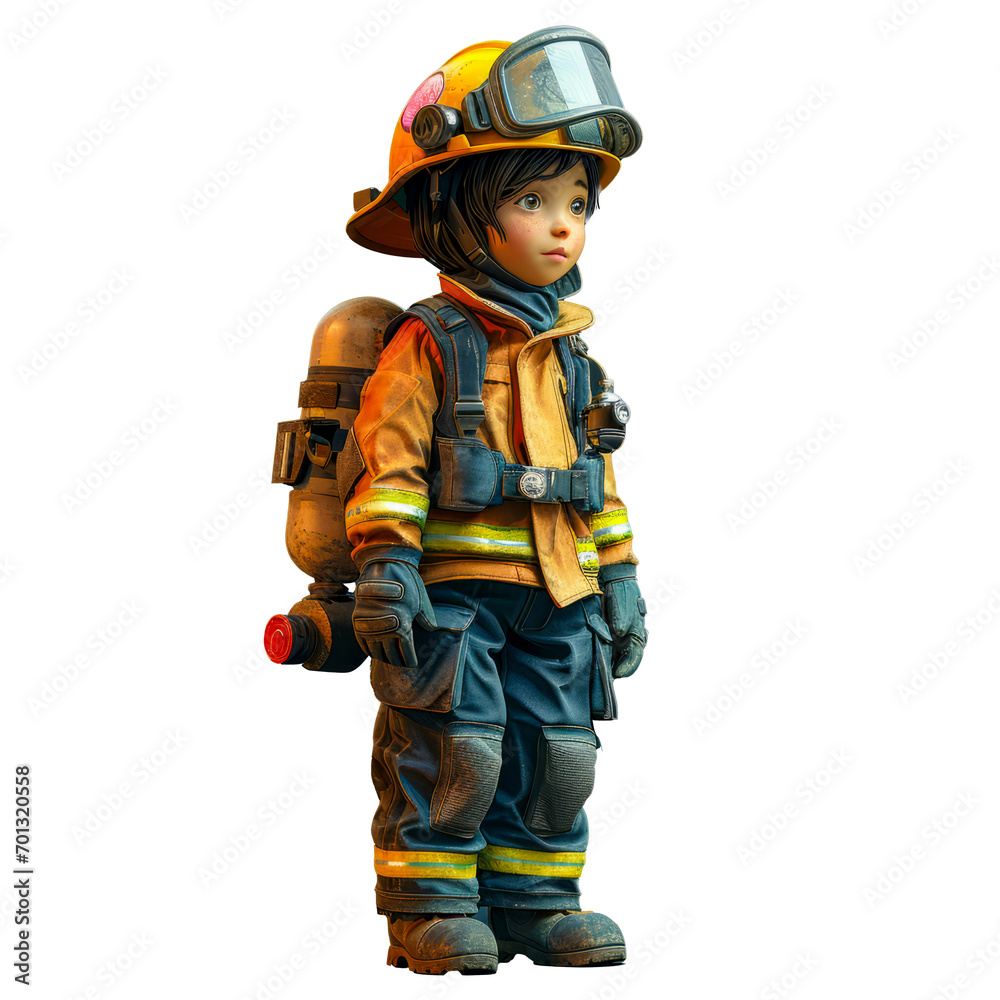 3D illustration of a brave child in firefighter gear, ideal for safety campaigns and inspirational content. 3D illustration of a brave child in firefighter gear, ideal for safety campaigns and inspirational content.