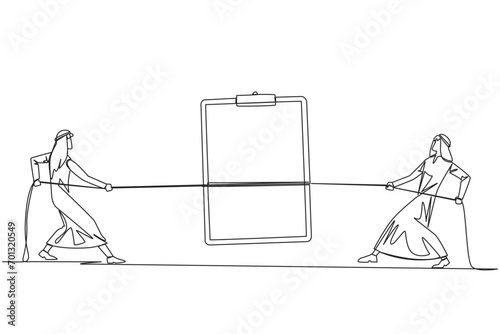 Single one line drawing two Arabian businessmen fighting over a clipboard. Compete to fill in the complete data of the best prospective clients. Profit. Continuous line design graphic illustration