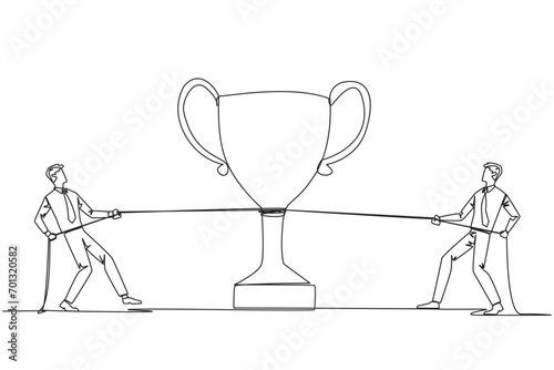 Single continuous line drawing two businessmen fighting for a trophy. Strive to be a winner. Always get satisfactory business results. A very appreciated business. One line design vector illustration