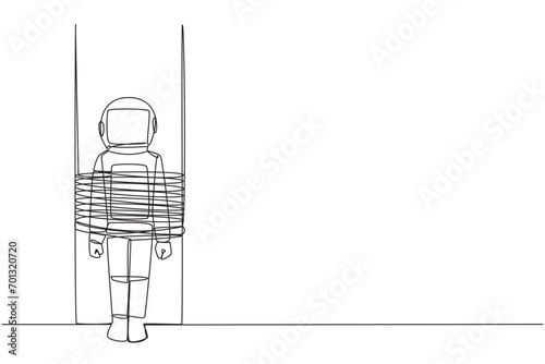 Single continuous line drawing astronaut stands, tied to big column. A fatal mistake has been made. Divulging the secrets of an expedition mission to outer space. One line design vector illustration