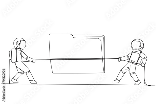 Continuous one line drawing two astronauts fighting over document folder. Competition is fierce to obtain specific information about state of land on Mars. Single line draw design vector illustration