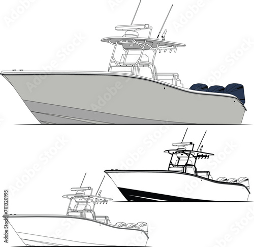 Side view fishing boat vector line art illustration t-shirt and printable on various materials.