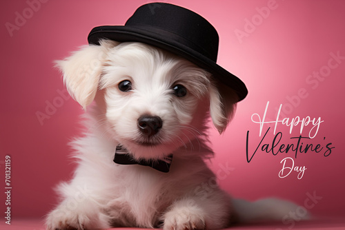 sweet cute white hairy pup dog, wearing a black hat, sitting ona a pink soft background, with the inscription Happy Valentine's Day