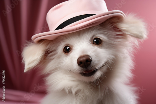sweet cute smiling white hairy pup dog, wearing a black hat, sitting ona a pink soft background