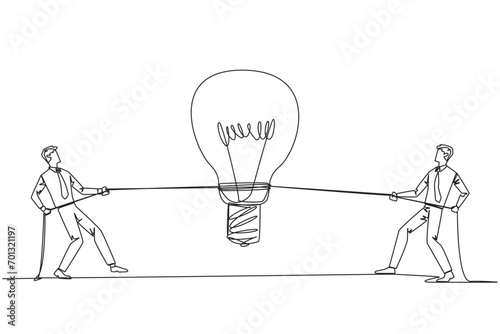 Single one line drawing two businessmen fighting over a lightbulb. Compete to find solutions to problems faced by company. Lack of unity. Partnership split. Continuous line design graphic illustration