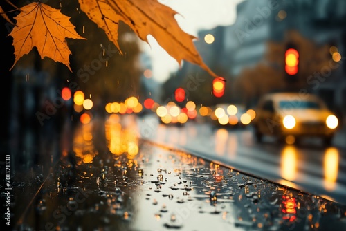 wet autumn road with yellow leaves and cars, rainy city street with streetlights in the evening as blurred background, beautiful autumn nature