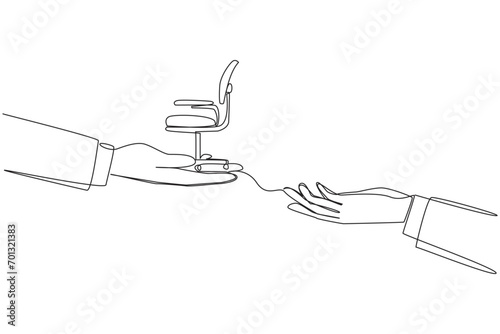 Continuous one line drawing hand provides work chair. Handover of position. Share the same responsibilities in business. Teamwork to make a lot of profit. Single line draw design vector illustration
