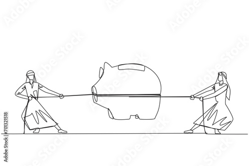 Single one line drawing two Arabian businessmen fighting over a piggy bank. Fighting each other for investment. Rely on muscle to become a winner. Struggle. Continuous line design graphic illustration