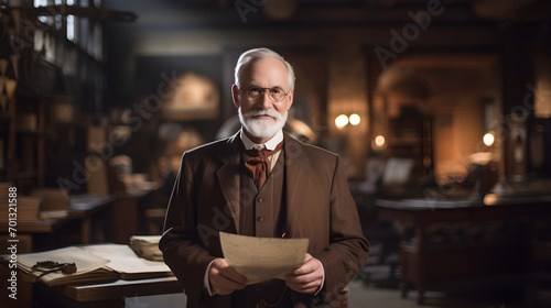 old bearded man with glasses, a historian in professional attire, holding historical documents, with a museum setting softly blurred behind.