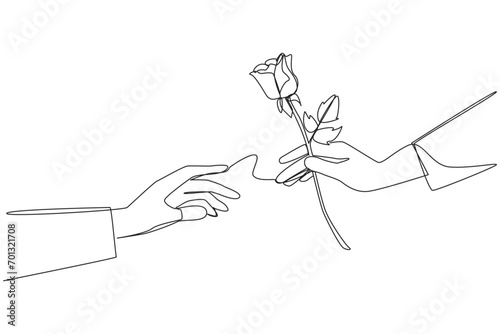 Single continuous line drawing a man's hand gives a rose to a woman. Trying to do the slightest romantic thing. Doing seduction. Romantic couple. Relationship. One line design vector illustration