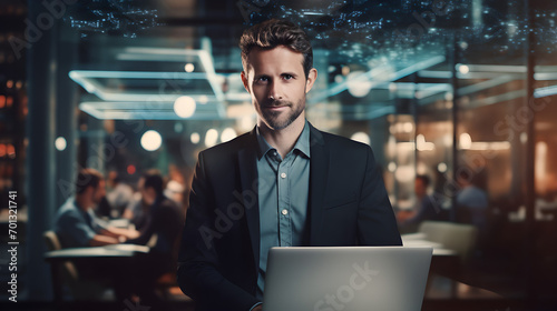 a tech startup founder in a dynamic office space, holding a laptop, with innovative tech elements softly blurred in the background. photo